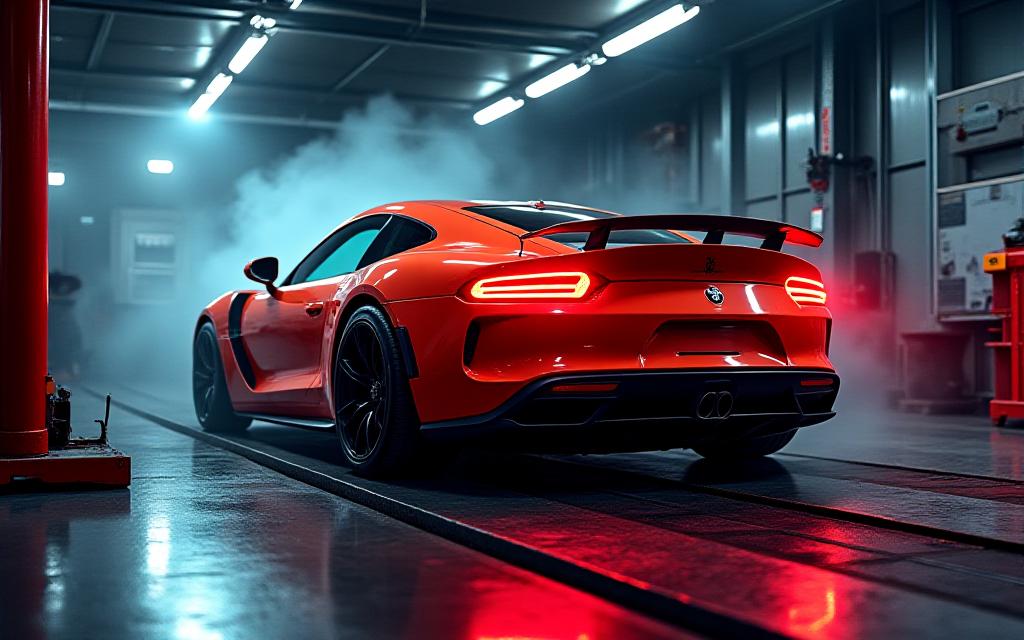 Coche deportivo en banco de potencia dinamométrico