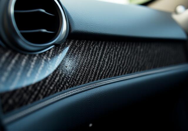 Detalle del interior de un coche con acabados personalizados en fibra de carbono
