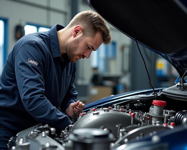 Mecánico de Bosque Power ajustando un motor de alto rendimiento