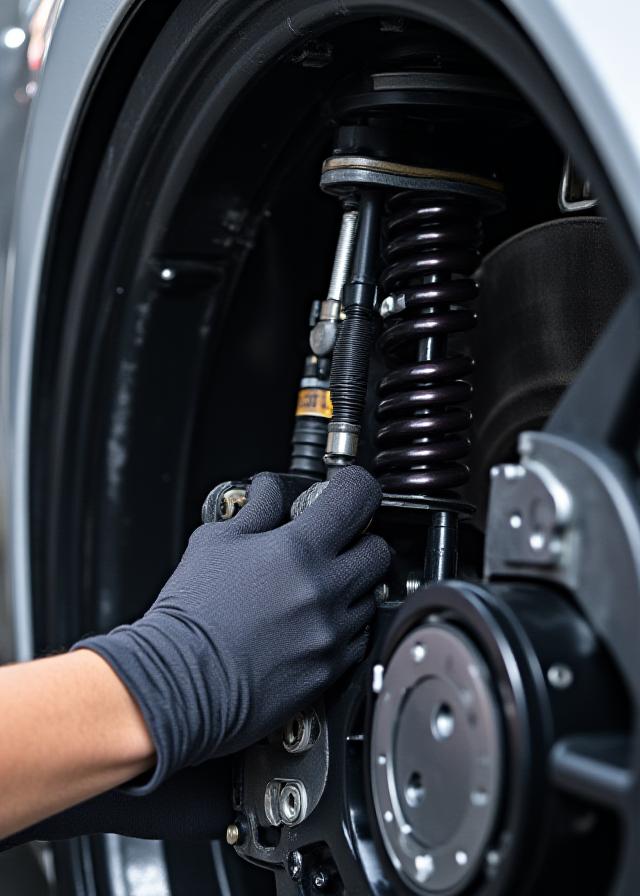 Detalle de la suspensión de un Porsche 911 siendo ajustada en taller